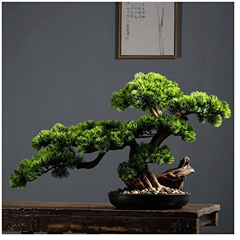 FUYAO Künstlicher Bonsai-Baum, 43,2 cm, künstliche Bonsai-Kiefer, realistische Kunstpflanzen-Dekoration, künstliche Zimmerpflanzen im Topf, Zen-Garten-Dekor, Desktop-Display, künstliche Pflanzengrün