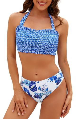 Adigaber Dam bikini set push-up smockad topp halter rynkad 2-delad baddräkt med medelhög midja botten, BLÅ, M