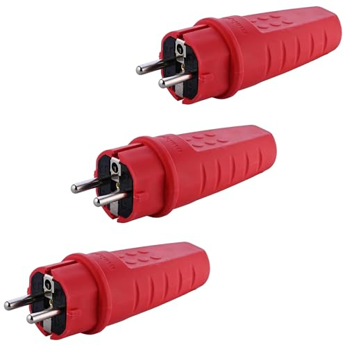 Spina in Gomma, Spina 230V, 16A, IP44, Spina Impermeabile, Spina Infrangibile, Spina con Contatto di Protezione, Spina Schuko, Spina Schuko con Pressacavo Adatta per Uso Esterno, 3 Pezzi (Rosso)