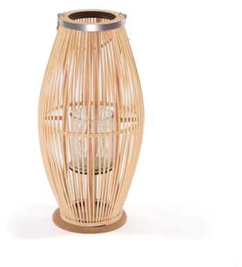 CREEDWOOD Bambus Laterne Zya | mit Henkel und Glaseinsatz | Holz Kerzenhalter, Windlicht, Deko Laterne für überdachten Balkon oder Wohnung | Größe: 60 cm
