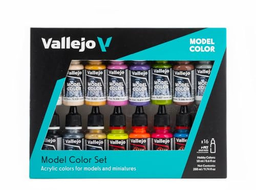 Vallejo Model Color Wargame Special 70257, Farben Set mit 16 Acrylfarben je 18 ml für Tabletop und Miniaturen: 11 Model Color inklusive Silber und Gold, dazu 5 Fluo Farben, Flaschen mit Pipette