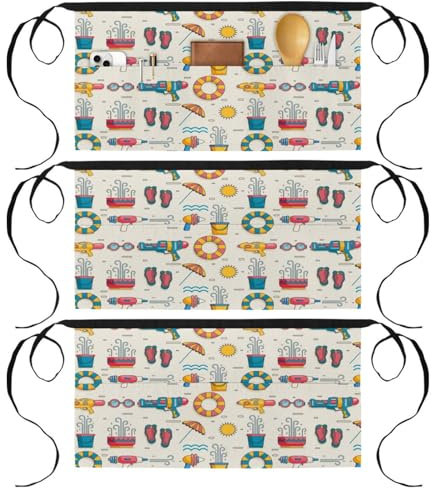 3 Packungen Taillenschürze, kurze Kellnerschürze mit 3 Taschen, halbe Schürze zum Kochen, Backen, Hausreinigung, Restaurant, Arbeit, Bistro, Bar – Songkran Thai Wasserpistolen, Regenschirm,