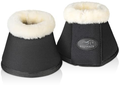 Equinate Hufglocken Furlyn mit synthetischem Lammfell XXL Schwarz - Robuste und stoßdämpfende Neopren Springglocken - Hufschutz für Training und Turniere - 2er Set