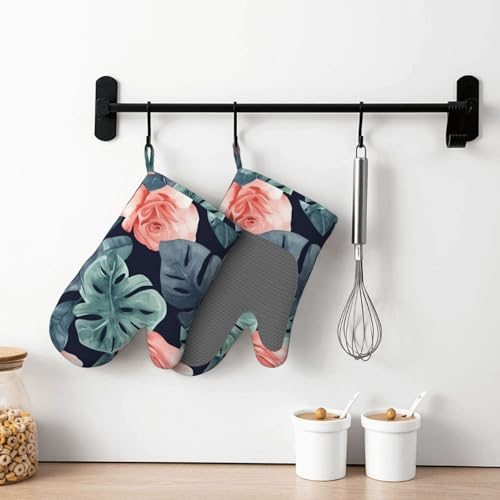 Silikon-Ofenhandschuhe, 2er-Set, Aquarell-Monstera-Muster, Ofenhandschuhe für Damen und Herren, hitzebeständige Grillhandschuhe, wasserdicht, rutschfest, Grillhandschuhe für Küche, Kochen