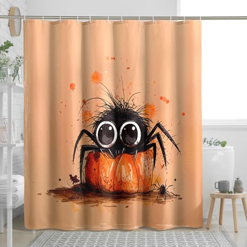 Cortina de ducha de araña de Halloween, cortina de ducha de araña de dibujos animados negra y naranja para decoración de baño, juego de cortina de ducha de tela impermeable con ganchos, 72 x 78