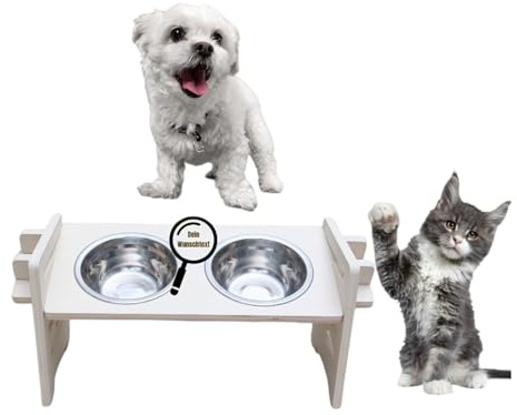 Futterstation in weiß aus Holz für kleine Hunde & Katzen | PERSONALISIERBAR | Erhöhter Futternapf | Fressnapf höhenverstellbar | Hundenapf erhöht | Katzennapf