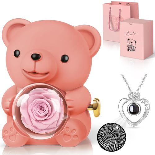 Preserved Real Rose Bear with Necklace Valentines Day Gifts for Her Women | Christmas Gifts for Girlfriend Mum Mother Wife Mothers Day Birthday Anniversary Gifts