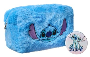 Disney Lilo & Stitch Make-up-Tasche und Spiegel | Damen-Kosmetiktasche aus blauem Pelz mit Stitch-Charakter-Gesicht | Reisekosmetiketui und Taschenspiegel fur Erwachsene und Jugendliche