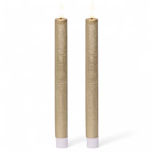 MIJOMA LED-Echtwachskerze mit realistischer Flamme, Timer und batteriebetrieb | Indoor LED-Kerze mit warmweißem Licht | Natürliche Optik (Gold - matte Oberfläche, Ø2cm x 24cm)