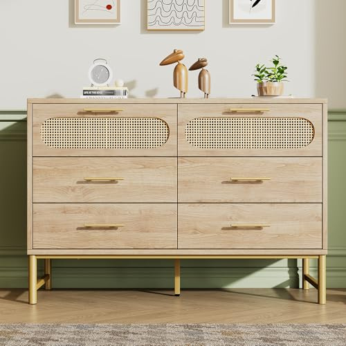 Gelukueub Rattan kommode Sideboard mit 6 Schubladen, komodenschrank, Schminktisch, für Wohnzimmer und Schlafzimmer, Metallgriffe, Kippschutz, 120 x 40 x 74 cm, Sonoma Eiche