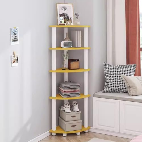 RRrawgff Modernes weißes Eckbücherregal mit 5 Ebenen und offenen Ablageflächen, freistehende Eckvitrine für das Wohnzimmer, Akzentregalständer aus gelbem Brett