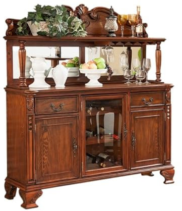 Massivholz-Kaffee-Barschrank mit doppellagigem Weinregal und Geschirraufbewahrung, Retro-Eingangs-Display, Sideboard für Zuhause, Wohnzimmer, Buffet, Schrank, Organizer mit reichlich Stauraum