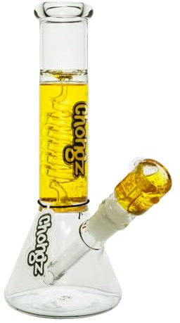 Chongz 25cm 3mm Daft Liquid Filled Waterpipe bong. Gold accent Chongz Logo, 14mm liquid filled bowl, 18.8mm diffusor stem, and glass cooling spiral, refrigerate for cooling effect. (Yellow)