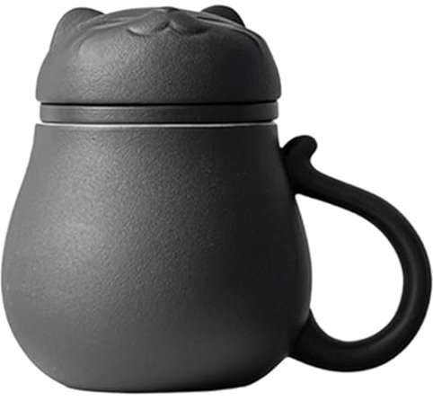 Tea Infuser Mug Ceramic Tea Cup Cute Cat Pattern Tea Cup Mug with Lid and Strainer for Soaking Loose Leaf Tea, Holiday Gift, Birthday Gift, Warm Home 400ml (Black)