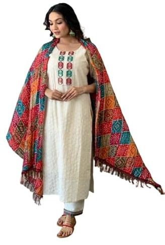 Sambhav Quilt Hub kvinnors bomullsbroderi tungt bristande arbete Stragiht Kurta med byxa, Vitt, XXL