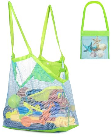 EUYKQNOI Strandspielzeug Tasche mit Netz,2er Set Sandspielzeug Aufbewahrung (Grüne Tasche + Blaues Mesh), Faltbare Netztasche für Strand,Schwimmbad & Sandkasten,Ideal für Familie und Kinder ab 1 Jahr
