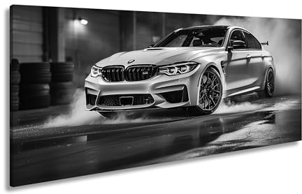 Leinwandbild Rauch und Power – ein BMW entfesselt pure Drift-Energie. Panorama 100x50cm Effekt: Schwarz&Weiß XXL Kunstdruck Bild auf Keilrahmen/Wandbild/Wohnzimmer Dekoration