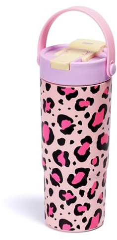 pluseight Stainless Steel Tumbler with Straw, 660ml/22oz Tumbler with Leak Proof 2-in-1 Lid, Reusable Double Walled Water Bottle, Portable Coffee Travel Mug, Fit in Cup Holder (Leopard Print)