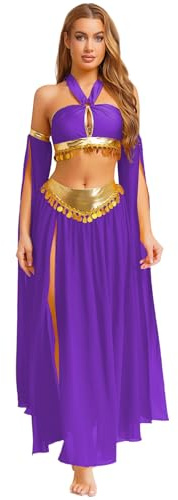 dPois Costume da Danza del Ventre Donna Vestito Danza Moderna Araba Indiana Crop Top Danzatrice del Ventre Gonna Lunga Costume Carnevale Halloween Festival Spettacolo Viola M