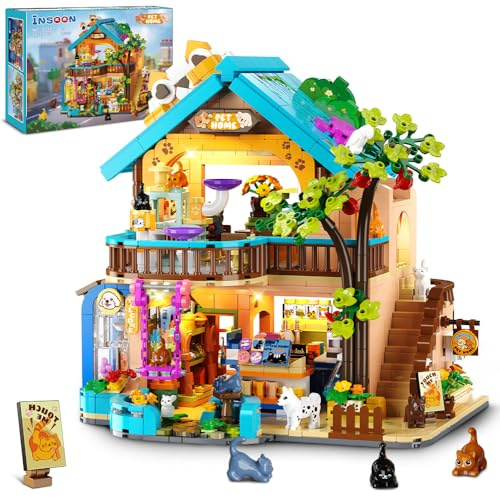 INSOON Juego de construcción con luz, 1425 Unidades, acogedora casa para Mascotas, Juguete con Gatos, Perros, Conejos, Arquitectura, Bloques de sujeción, Modelo para Adultos, niños, niñas, 8 +