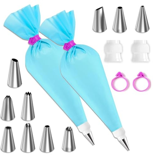 16 Pcs Piping Bags and Nozzles Set – Reusable Pastry Bags, Stainless Steel Tips for Cake Decorating, Icing & Frosting – Baking Tools Kit for Cupcakes, Cookies & Desserts