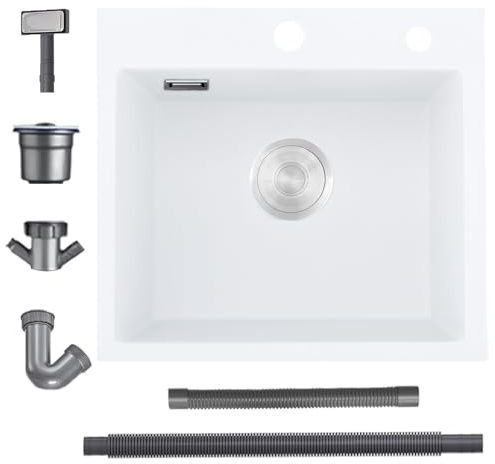 Evier Cuisine 1 Bac 50 x 45 cm, Evier Noir en Granit avec Panie de Vidange, Lavabo Cuisine pour Meubles Bas de 45 cm, Évier Cuisine Multifonction Siphon et Trop-plein (Blanc)