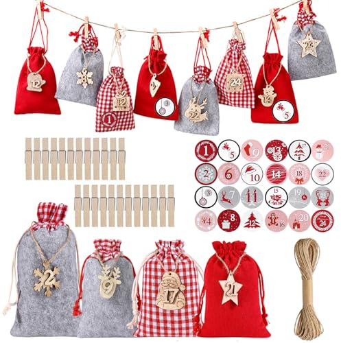 Adventskalender zum Befüllen Kinder, 24 Adventskalender Selber Befüllen Stoffsäckchen, Groß Säckchen, Geschenktüten Weihnachten mit Individuellen Designs