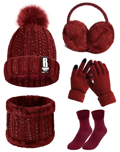 Tuopuda Ensemble Bonnet Écharpe de Doublure Polaire Gants 5 Pièces Tricotés Ensemble de Ski d’Hiver de Femmes Beanie Foulards Cache-Oreilles Chaussettes, Rouge Avec Boîte cadeau