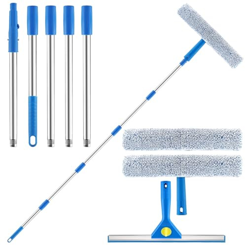 Professionell fönsterrengöringsset med långt handtag (200 cm) – (35 cm) silikondra en trasa 35 cm mikrofiberfönster och dukar för (37 cm) mikrofiberfönster för duschdörrar, speglar och bilar