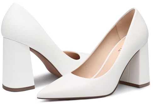 CELLENZ Women Chunky Heel Pumps: Formal Closed Toe High Heels - White Comfortable Block Heels - Pointed Toe Work Office Dress Shoes Size 8.5