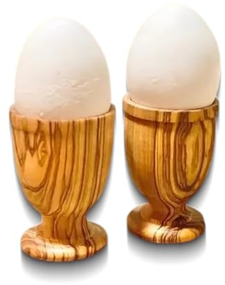 Stilux Lot de 2 coquetiers de qualité supérieure en bois d'olivier - Support à œufs fait à la main - Forme ronde classique - Accessoire de petit-déjeuner élégant et durable - En bois durable