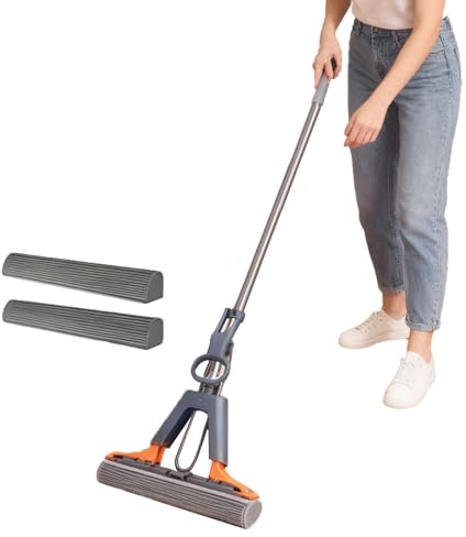 Kixolazr Sponge Squeeze Mop - Telescopic Pole Heavy Duty Stain Removal | Sponge Mop for Floor Cleaning,for Kitchen Living Room Bathroom Bedroom Dining Room Dorm