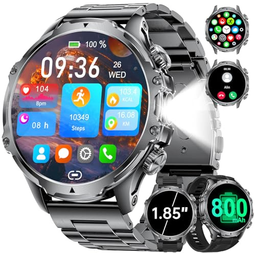 LIGE Montre Connectée Homme, Grand Écran HD 1,85''/800mAh/Torche LED, Smartwatch avec Appel Bluetooth, Étanche 5ATM, 110+ Modes Sportifs, Suivi Fréquence Cardiaque et Sommeil, Android iOS,FV15-C