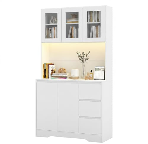 Songvas küchenschrank, Buffetschrank mit Steckdosen und Led-Lichtleisten, Hochschrank mit Arbeitsplatte und 3 Schubladen, Küchenbuffet mit Verstellbares Regal 180x100x38.5 cm weiß