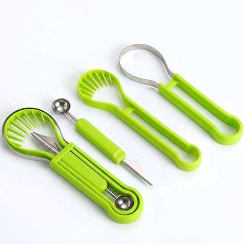 Multifunctional 3 in 1 Fruit Cutter Tool, Waoferfio Food Grade Stainless Steel Grape Cutter, Apple Slicer Corer & Melon Baller, for Salad Making, Home Kitchen, Camping & Party Fruit Platter
