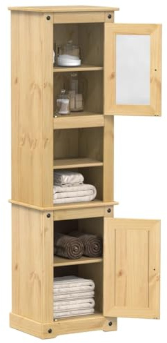 YunCangg Badskåp Corona av massiv furu 50 x 40 x 185 cm med metallhandtag, gott om förvaringsutrymme, utrymmesbesparande för badrum, inklusive väggfäste för att stå säkert