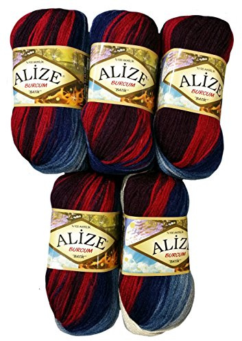 Alize Burcum Batik 5 x 100 Gramm Wolle Mehrfarbig mit Farbverlauf, 500 Gramm Strickwolle (rot grau dunkelblau 2978)