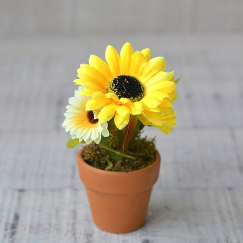 Hogar y Mas Planta Artificial Amarilla en Maceta de Barro Natural para Decoración Set 2