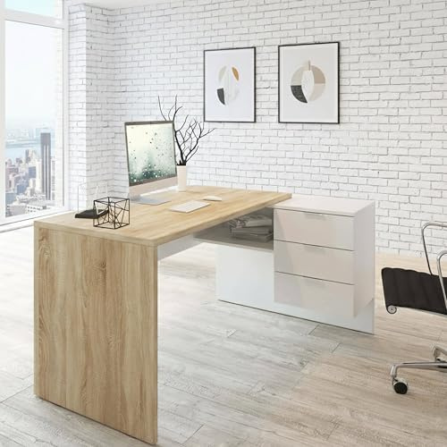 Dmora - Bureau Greensboro Réversible Multifonctionnel, Table d'Angle Avec Support PC et Tiroirs, 145x108h73 cm, Chêne et Blanc