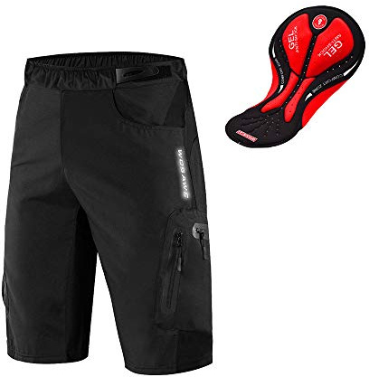 WOSAWE Pantaloncini MTB Uomo, Leggeri Bicicletta Loose-Fit Shorts Traspirante 3D Gel Imbottito Biancheria Intima da Ciclismo (Nero M)