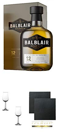 Balblair 12 Jahre 0,7 Liter + Nosing Gläser Kelchglas Bugatti mit Eichstrich 2cl und 4cl - 2 Stück + Schiefer Glasuntersetzer eckig ca. 9,5 cm Ø 2 Stück