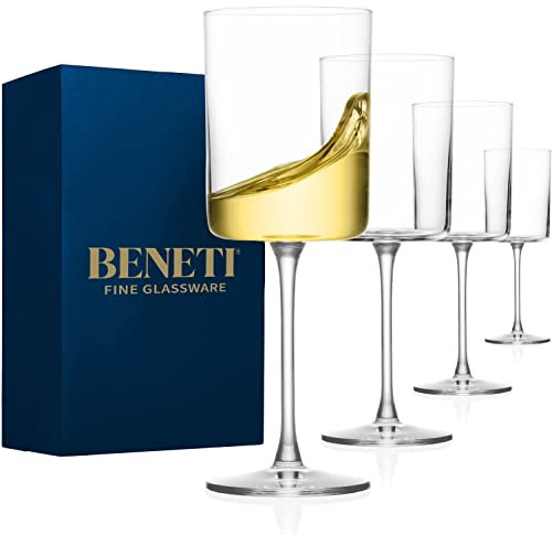 BENETI Large Square Wine Glass Set of 4-11 Oz European-Made Hand Blown Glass White Wine Goblets w/Laser-Cut Rim, Dishwasher-Safe Crystal Clear Red Wine Glass