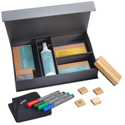 SIGEL BA311 Board startkit – 4 icke-permanenta markörer, 4 fyrkantiga trämagneter, 1 träsuddgummi borste med reservremsor, 1 magnetisk rengöringsduk, 1 rengöringsspray