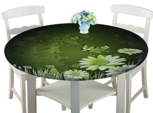 Wasserdicht Antifouling Tischdecke Runde, Treer Polyester Abwaschbar Pflegeleicht Tischtuch mit Elastische Kante 3D Landschaft Tischdecken für Küche Esszimmer Garten (Grüner Schmetterling,90cm)