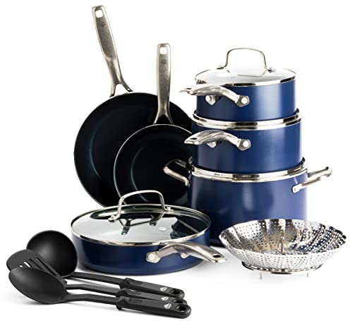 Blue Diamond Cookware Diamond Infused Ceramic Nonstick 14 Piece Cookware Pots and Pans Set, Includes Frying Pans, Sauté, Saucepans, Strainer, Stockpot, Utensils, PFAS-Free, Oven Safe, Blue