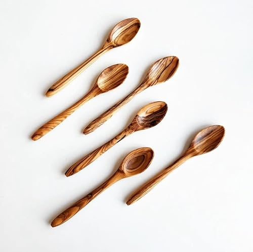 DYARI Lot de 6 petites cuillères en bois d'olivier – 15,2 cm de long – Mini sculptées à la main non toxiques – Convient pour les petits pots de confiture – Cuillère à café, épices, thé, sucre