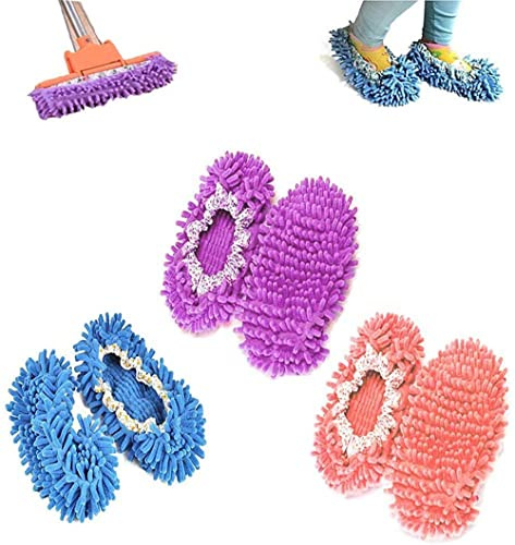 CHUANGOU 3 Pares de Zapatos de Limpieza de Pisos multifunción de Fibra de Chenilla trapeador Zapatos para Limpiar el Polvo de la casa, 3 Colores