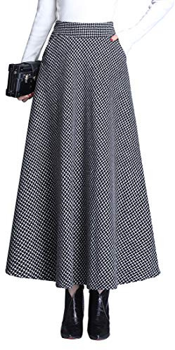 Artykey Rutig maxikjol för vintern, elegant med hög midja, varm, lång veckad kjol i ull med elastisk midja, storlek S–3XL, Bsvart, XXL
