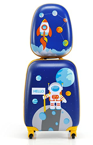 COSTWAY 2tlg Kinderkoffer + Rucksack, Kindertrolley aus Kunststoff, Kindergepäck, Kinder Kofferset Handgepäck Reisegepäck Hartschalenkoffer für Jungen und Mädchen (Astronauten, 12+16)