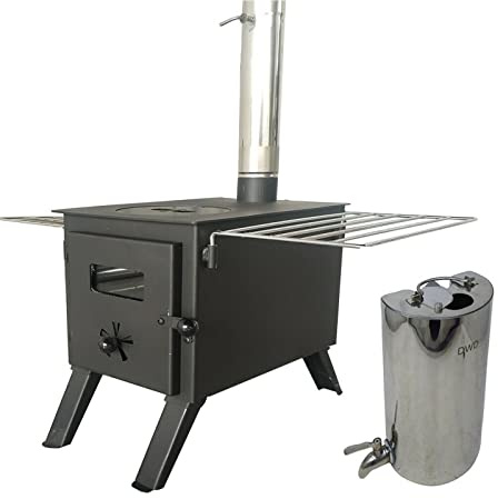 DWD ® Epping Camping Stove Set Portable Outdoor Log Wood Burner with Wing Racks, Stainless Steel Water Boiler Tank Stainless Steel Flue- Compact Camping (DWD-EP533 EPPING STOVE & 3L water heater)